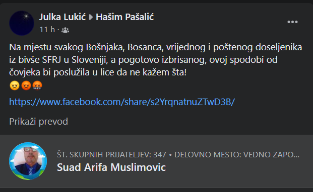 Član Ruparjevega društva, Suad Muslimović, deležen groženj s strani skrajnih levičarjev